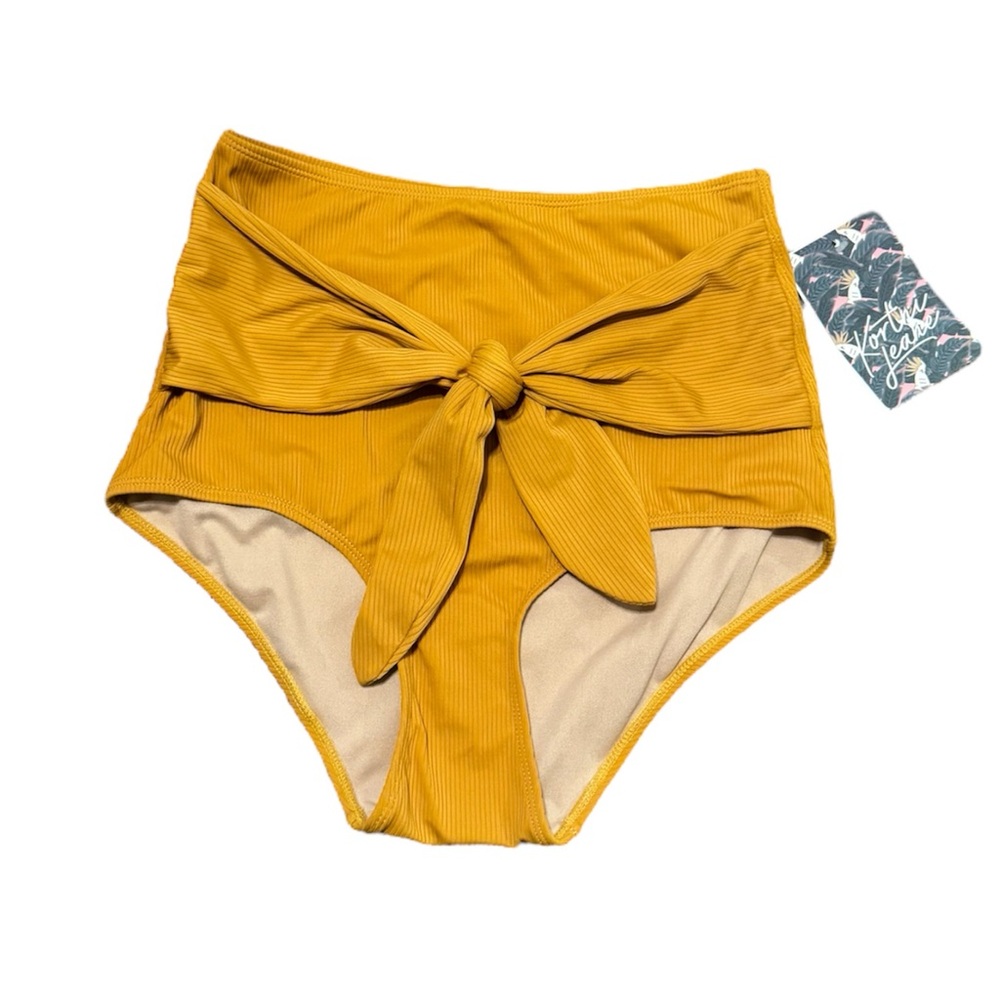 Kortni Jeane Swim Tie Up Front Bottoms Ribbed Pan Gold -NEWw/Tags! Size Small